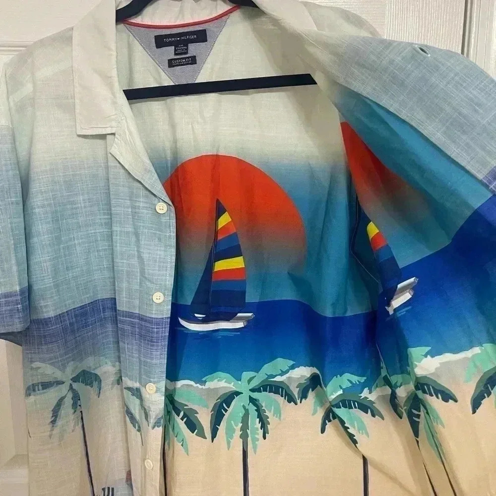 Tommy Hilfiger Beach-Print Shirt. Button Front Cotton All Over Print Men XXL - Picture 14 of 15